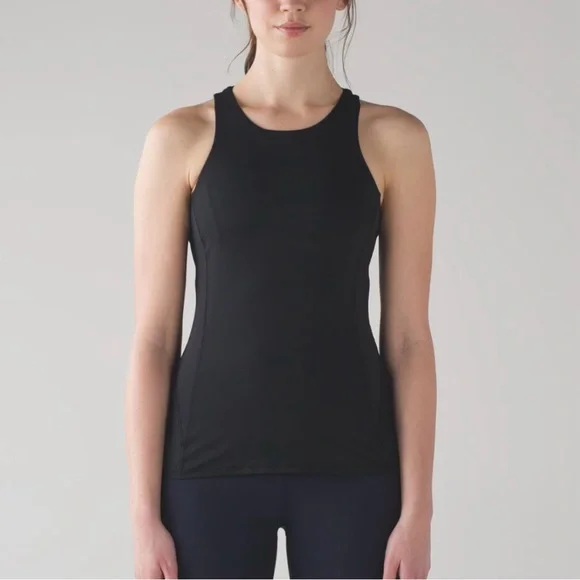 Lululemon Women’s Sz 8 Body Con Tank Top W/ Shelf Bra Black Activewear Mesh Back - Picture 2 of 15